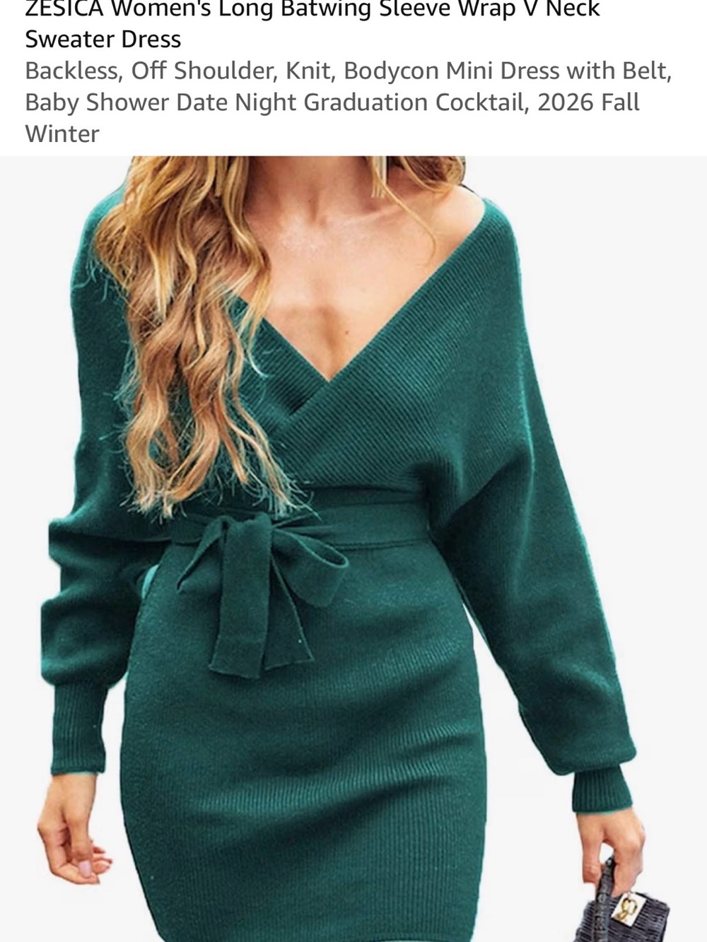 ZESICA Forest Green Wrap V-Neck Mini Dress with Self-Tie Belt